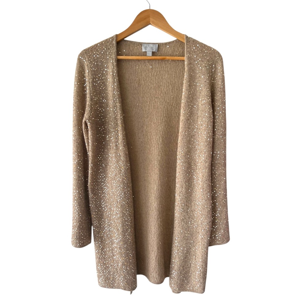 Pure Collection 100% Cashmere Sequin Cardigan Sweater Taupe Tan Medium Womens